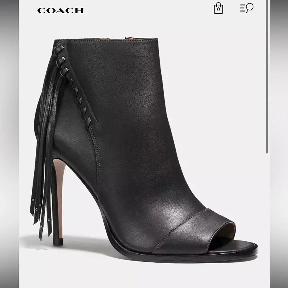 Coach Lolita Black Peep-Toe Ankle Boots 6.5 Leather Ankle Booties - Picture 1 of 12